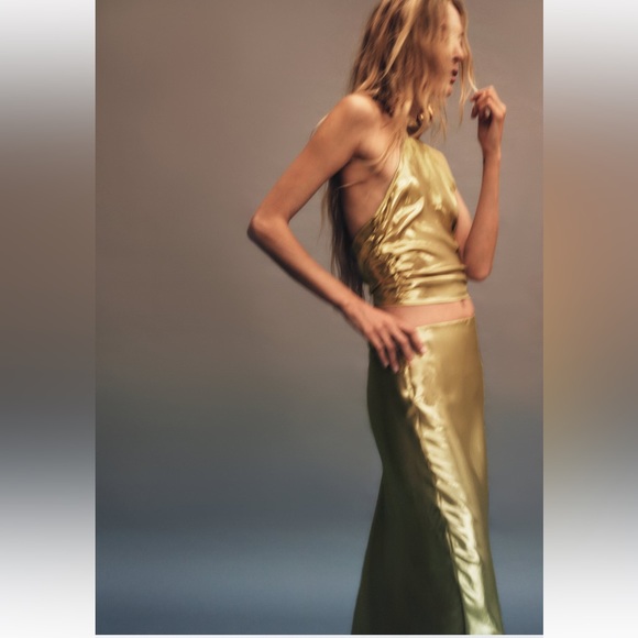 ZARA 2 PIECES MATCHING SET METALLIC HALTER TOP AND LONG METALLIC SKIRT - Picture 7 of 16